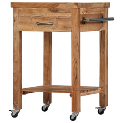 Solid Acacia Wood Kitchen Trolley 58x58x89 cm - Vintage Style with Drawer, Shelf & Towel Rack - Lockable Casters for Easy Mobility