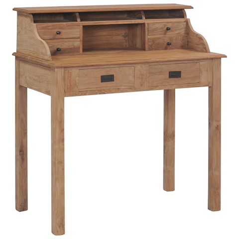 Solid Teak Wood Desk - 6 Drawers & Open Compartments - 90x50x100 cm - Rustic Finish