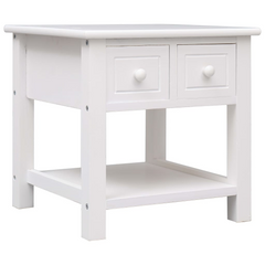 White Side Table with 2 Drawers - 40x40x40 cm, Durable Paulownia Wood & MDF