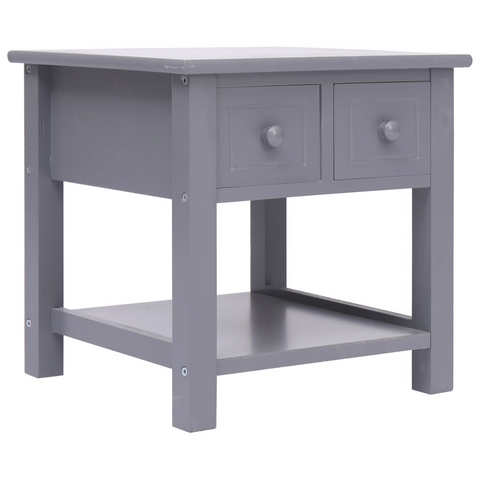 Grey Side Table 40x40x40 cm - Durable Paulownia Wood with 2 Drawers and Bottom Shelf