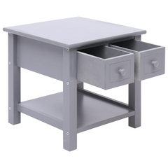 Grey Side Table 40x40x40 cm - Durable Paulownia Wood with 2 Drawers and Bottom Shelf