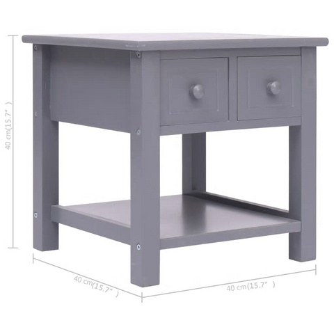 Grey Side Table 40x40x40 cm - Durable Paulownia Wood with 2 Drawers and Bottom Shelf