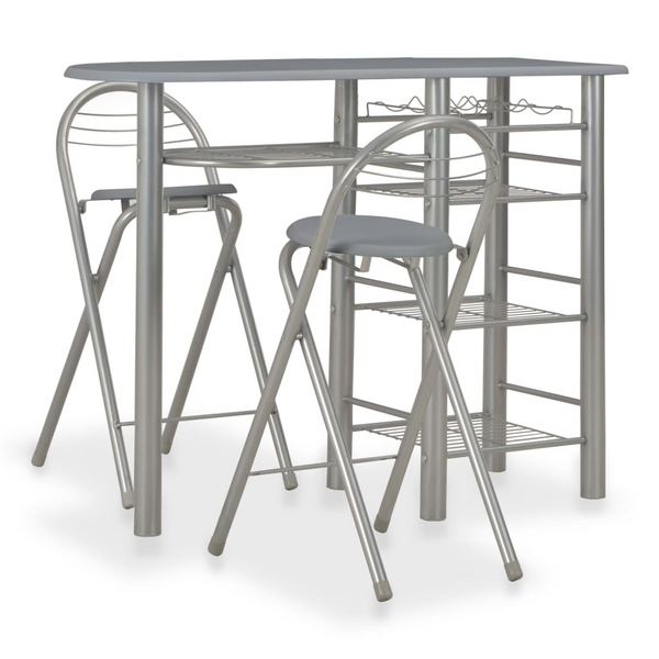 3-Piece Bar Set with Storage Shelves, Durable Wood and Steel, Foldable Chairs, Modern Grey and Silver Design