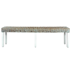 160 cm Bench in White and Natural Kubu Rattan with Solid Mango Wood Legs - Elegant and Comfortable Seating for Your Home