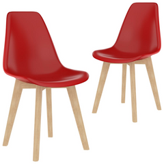 Set of 2 Dining Chairs in Red - Contemporary Plastic Design with Beechwood Legs