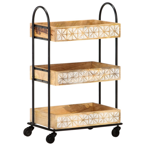 3-Tier Kitchen Trolley - Solid Mango Wood with Hand Carved Patterns, 46x30x76 cm