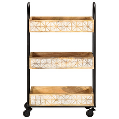 3-Tier Kitchen Trolley - Solid Mango Wood with Hand Carved Patterns, 46x30x76 cm