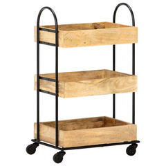 3-Tier Kitchen Trolley - Solid Mango Wood with Hand Carved Patterns, 46x30x76 cm