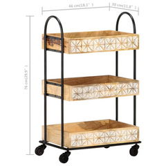 3-Tier Kitchen Trolley - Solid Mango Wood with Hand Carved Patterns, 46x30x76 cm