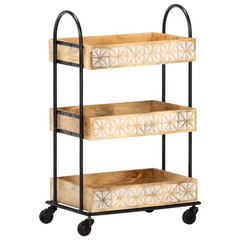 3-Tier Kitchen Trolley - Solid Mango Wood with Hand Carved Patterns, 46x30x76 cm