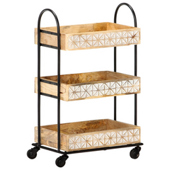 3-Tier Kitchen Trolley - Solid Mango Wood with Hand Carved Patterns, 46x30x76 cm