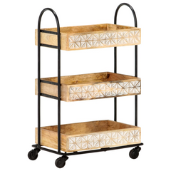 3-Tier Kitchen Trolley - Solid Mango Wood with Hand Carved Patterns, 46x30x76 cm