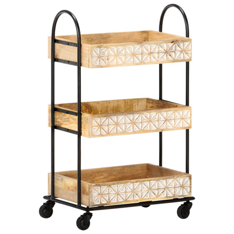 3-Tier Kitchen Trolley - Solid Mango Wood with Hand Carved Patterns, 46x30x76 cm