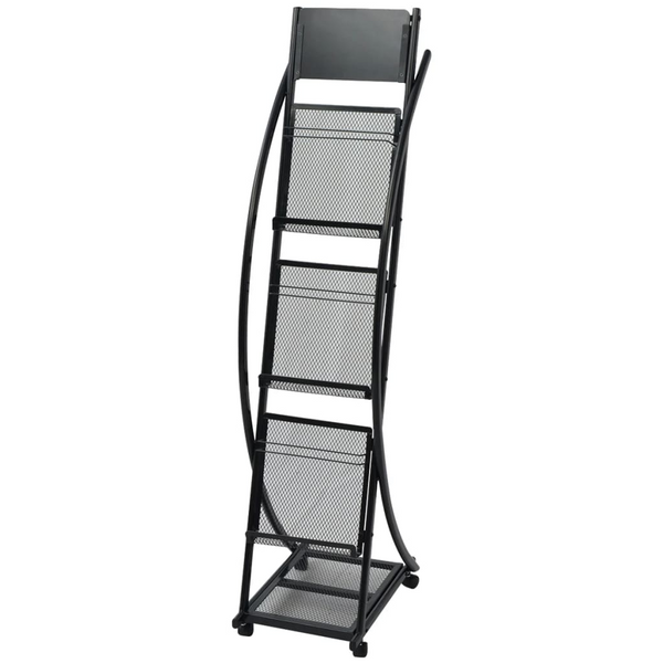 Black Magazine Rack with 3 Shelves - Modern A4 Brochure and Book Display Stand