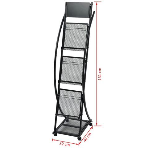 Black Magazine Rack with 3 Shelves - Modern A4 Brochure and Book Display Stand