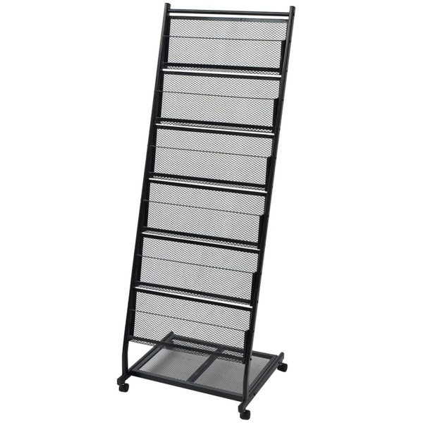 Black Steel Magazine Rack with 6 Shelves and Wheels - 47.5x43x133 cm, Modern A4 Display Stand