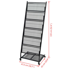 Black Steel Magazine Rack with 6 Shelves and Wheels - 47.5x43x133 cm, Modern A4 Display Stand