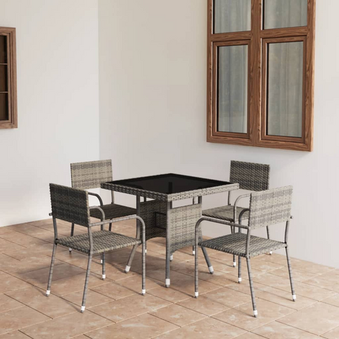 5 Piece Poly Rattan Garden Dining Set - Grey | Outdoor Furniture with Glass Tabletop & Stackable Chairs