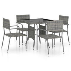 5 Piece Poly Rattan Garden Dining Set - Grey | Outdoor Furniture with Glass Tabletop & Stackable Chairs