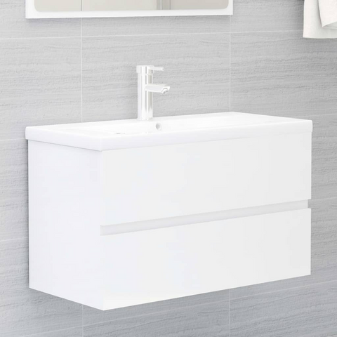 High Gloss White Sink Cabinet with Built-in Ceramic Basin - Modern Engineered Wood Bathroom Vanity