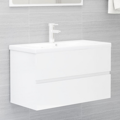 High Gloss White Sink Cabinet with Built-In Ceramic Basin - Modern Engineered Wood Bathroom Vanity