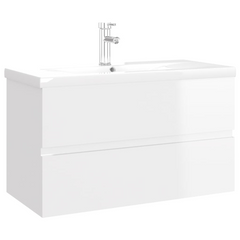 High Gloss White Sink Cabinet with Built-In Ceramic Basin - Modern Engineered Wood Bathroom Vanity