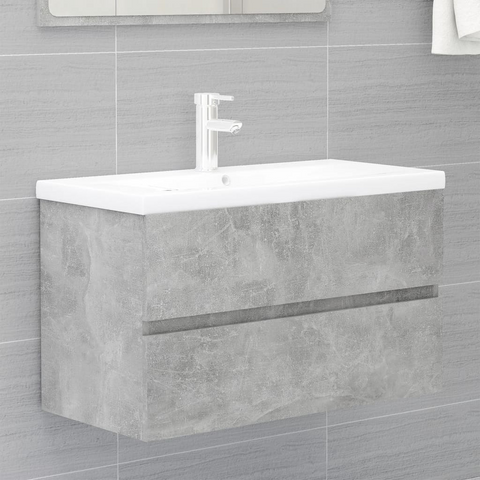 Concrete Grey Engineered Wood Sink Cabinet with Built-in Ceramic Basin - Modern Bathroom Storage Solution