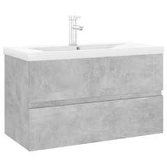 Concrete Grey Engineered Wood Sink Cabinet with Built-in Ceramic Basin - Modern Bathroom Storage Solution