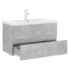 Concrete Grey Engineered Wood Sink Cabinet with Built-in Ceramic Basin - Modern Bathroom Storage Solution