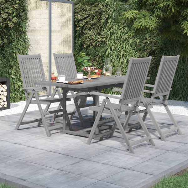 5 Piece Garden Dining Set - Extendable Solid Acacia Wood Outdoor Furniture, Grey