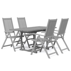 5 Piece Garden Dining Set - Extendable Solid Acacia Wood Outdoor Furniture, Grey