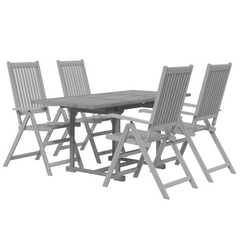 5 Piece Garden Dining Set - Extendable Solid Acacia Wood Outdoor Furniture, Grey