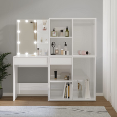 LED Dressing Table with Ample Storage and High Gloss Finish - White Engineered Wood, 2 Cabinets Included