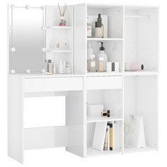 LED Dressing Table with Ample Storage and High Gloss Finish - White Engineered Wood, 2 Cabinets Included