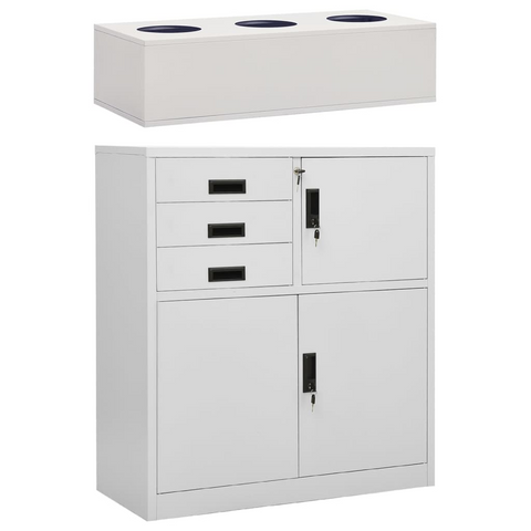 Light Grey Office Cabinet with Planter Box - Steel, 90x40x125 cm - Modern Storage Solution with Adjustable Shelves and Lockable Drawers