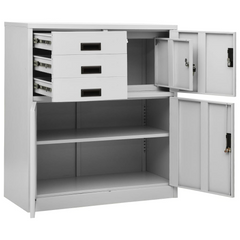 Light Grey Office Cabinet with Planter Box - Steel, 90x40x125 cm - Modern Storage Solution with Adjustable Shelves and Lockable Drawers