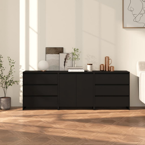 3 Piece Sideboard Set in Black Engineered Wood - Stylish and Functional Storage Solution