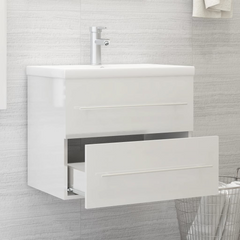 High Gloss White Sink Cabinet with Built-in Ceramic Basin - Engineered Wood, Modern Bathroom Storage Solution