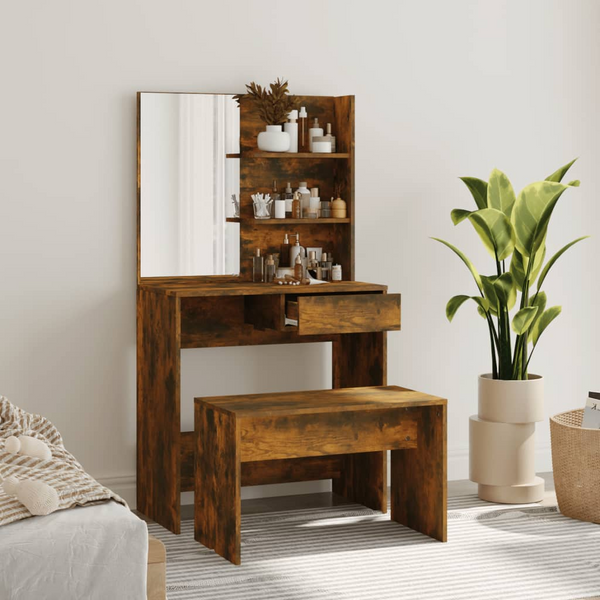 Smoked Oak Dressing Table Set with Mirror & Stool - 74.5x40x141 cm