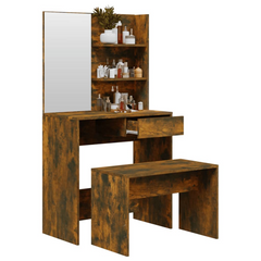 Smoked Oak Dressing Table Set with Mirror & Stool - 74.5x40x141 cm