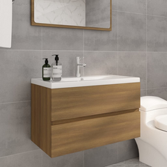 Brown Oak Engineered Wood Sink Cabinet with Built-in Ceramic Basin - Stylish & Functional Bathroom Storage