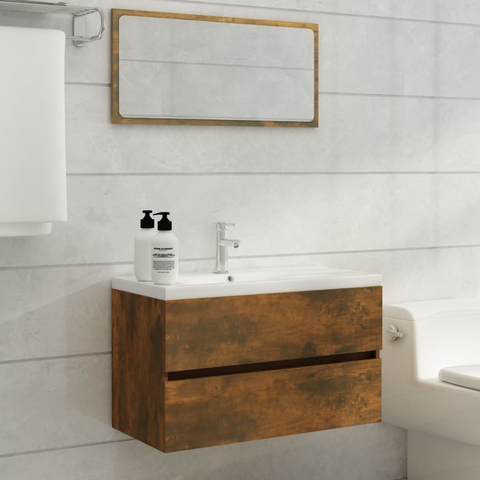 Sink Cabinet with Built-in Basin, Smoked Oak Engineered Wood – Stylish & Functional Bathroom Storage