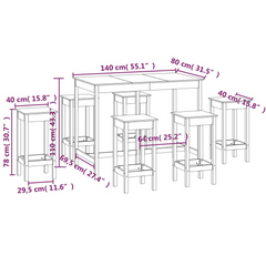 7 Piece Solid Pine Wood Bar Set - Rustic & Stylish Pub Table with 6 Stools