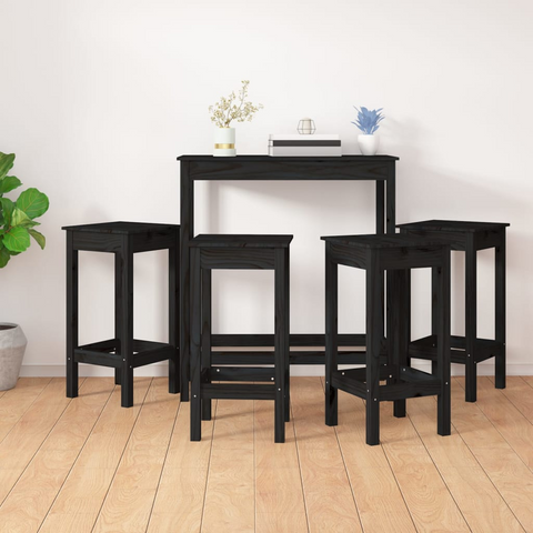 5 Piece Black Bar Set - Solid Pine Wood Pub Table and 4 Stools