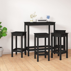 5 Piece Black Bar Set - Solid Pine Wood Pub Table and 4 Stools