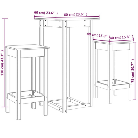 3 Piece Bar Set in White Solid Pine Wood - Modern & Rustic Home Bar Furniture