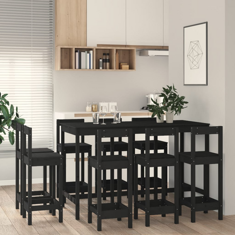 9-Piece Bar Set in Black | Solid Pine Wood Bar Table & Chairs for Home Dining