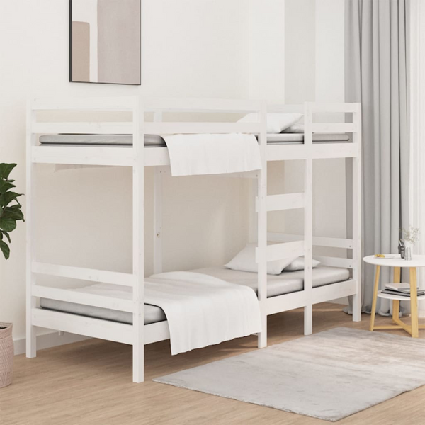 Solid Pine Wood Bunk Bed in White, Small Single 75x190 cm, Space-Saving & Safe Design - Perfect for Kids Bedrooms