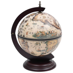 Tabletop Globe Bar Wine Stand - Eucalyptus Wood, Antique White Finish, 16th Century Replica Design