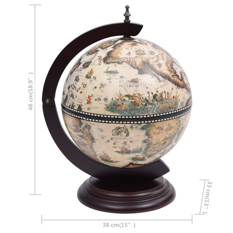 Tabletop Globe Bar Wine Stand - Eucalyptus Wood, Antique White Finish, 16th Century Replica Design